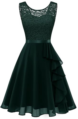 Berylove Klänning med volangfåll, cocktailklänning damer, elegant för bröllop, A-linje, spetsklänning, aftonklänning kort, Mörkgrön, S