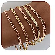 DEARMAY 14K Gold Plated Bracelets for Women Jewelry Sets for Trendy Dainty Stackable Paperclip Rope Snake Box Figaro Chain Bracelets Pack Costume Fashion Gifts
