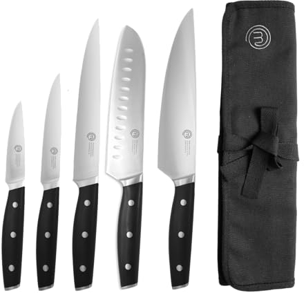 MasterChef Set Coltelli da Cucina Professionali con Borsa Coltelli Chef, Set di Coltelli da Chef, Santoku, Tritatutto, da Ufficio e per Verdure, Acciaio Inossidabile ad Alto Carbonio, 5 Pezzi