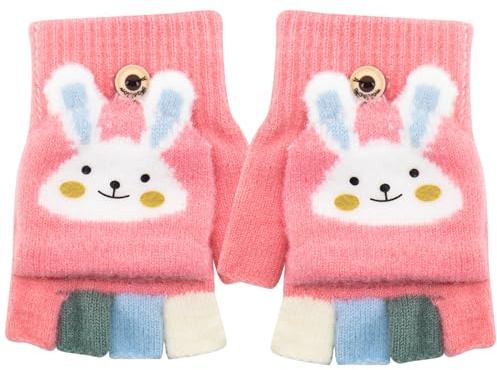 Zolunu Kids Fingerless Gloves Winter Warm Convertible Flip Top Gloves Soft Knit Lining and Elastic Cute Cartoon for Kids Boy Girls 7-10 Years