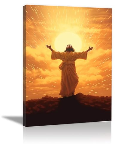 JOSUE Jesus Poster Leinwand Wandbilder, Jesus-Porträt Orange Bild GemäLde FüR Wohnzimmer Schlafzimmer Badezimmer KüChe Wanddekoration -70x100cm Gerahmt