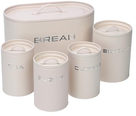 simpa 5PC Stylish Matte Cream Metal Kitchen Storage Set Including Oval Bread Bin and Round Biscuit Tin, Tea, Coffee and Sugar Canisters.