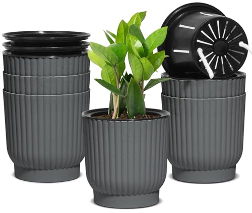 T4U 11.7cm Self Watering Plant Pots Indoor, Grey Plastic Flower Pot 6 Pack | Small House Plant Pots with Drainage holes, Deep Reservoir, Cotton Wick, Lightweight Plastic Pot for Succulent, Cactus, Herbs