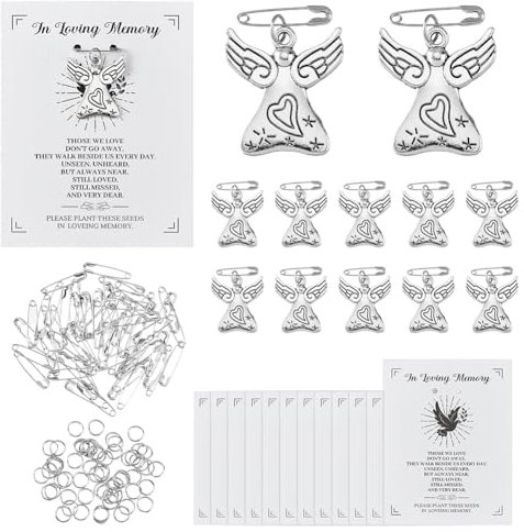 SUPERFINDINGS 60 Sets Funeral Favors Includng Funeral Pins Funeral Memorial Angel Charm and Funeral Memorial Cards Funeral Keepsakes for Guests Celebration of Life Favors