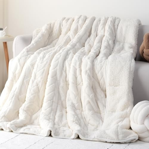 Cottonblue Jacquard Weighted Blanket 15lbs for Adults Queen Size, Ultra Soft Cozy Comfort Sherpa Blanket for Relax and Sleep, Heavy Bed Blankets with Glass Beads, 60x80 Inches, Cream White