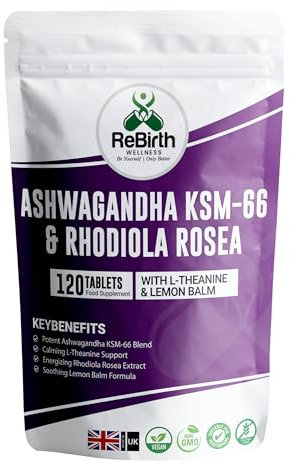 Ashwagandha High Strength KSM 66 Complex - 2000mg Enhanced with Rhodiola Rosea, L Theanine & Lemon Balm for Sleep Aid & Calm - 120 Ashwagandha KSM 66 Tablets - Vegan Supplement, Made in UK