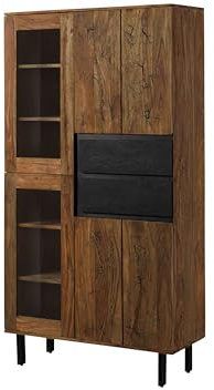 MASSIVMOEBEL24.DE | Vitrine Lichtenberg | Sheesham Massivholz Natur unbehandelt | 100x40x190 cm | Vitrinenschrank mit Blitzmuster | 4 Türen, 2 Schubladen & 6 offene Ebenen | Glas & Schiefer-Elemente