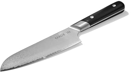 Made In Cookware | 6 Japanese Damascus Steel Santoku Knife | 66 Layers of Damascus Steel with a VG-10 Core | Crafted in Japan | Full Tang With Black POM Handle