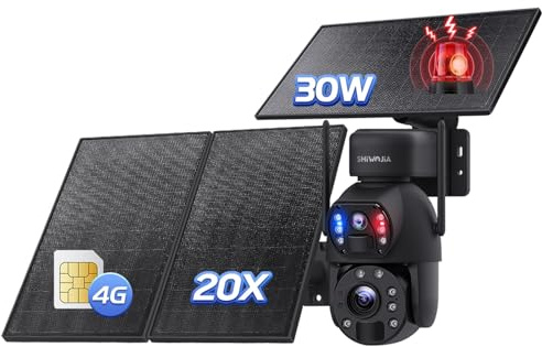 SHIWOJIA 3G/4G LTE Caméra Surveillance Solaire avec 30W Panneau Solaire 20,000mAh Batterie 6MP Caméra Extérieure sans Fil [Enregistrement 24/7], Double Objectif Double PIR, IP66