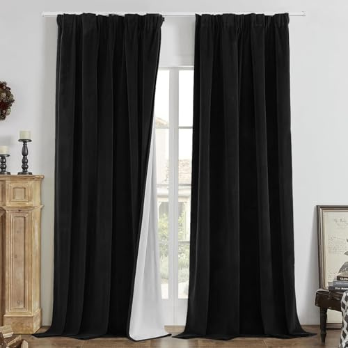 Joydeco 100% Blickdicht Samt Vorhänge mit Kräuselband 2 er Set H 220 x B 140 Schwarz Schienensystem Schiebevorhang Verdunkelung Thermovorhang Kälteschutz Gardinen Schlafzimmer Wohnzimmer Curtains