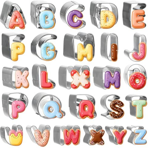 Thinp Juego de 26 cortadores de galletas con letras del alfabeto, cortadores de galletas de acero inoxidable para decoración de pasteles, galletas, pastelería, masa para hornear, fiestas temáticas de
