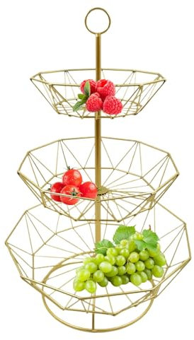 3 Tier Fruit Basket, Polygon Fruit Bowl, Metal Fruit Basket For Kitchen, Kitchen Countertop Rack, Metal Mesh Fruits Stand For Holding Fruit, Vegetables, Snacks, Cupcakes 47x30.5cm Fruit Bowl