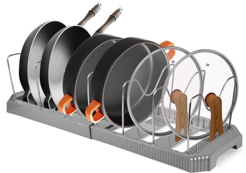 Expandable Pan Lid Organiser Rack Holder 7 Adjustable Dividers Chopping Board Holder Pots and Pans Organiser Space Saving Plate Rack for Cupboard Kitchen Drawer Organiser