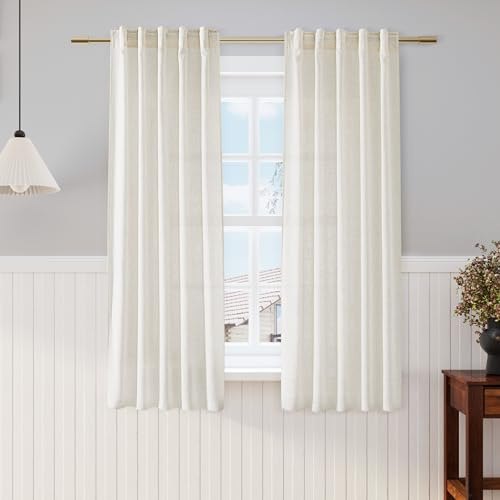 Nanspring Linen Curtains 63 Inch Length 2 Panels Set for Cafe Kitchen Cream Thermal Insulated Drapes with Back Tab Light Filtering Boho Farmhouse Curtain for Bedroom Living Room 40x63 Inch Natural