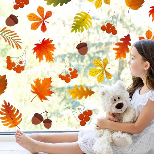 Autumnal Leaves Window Decal,Autumn Theme Vinyl Window Sticker,Removable Autumn Decor for Children's Room, Classroom, and Daycare Centers Fall Thanksgiving Party Supplies (Autumn Leave Window Decal)