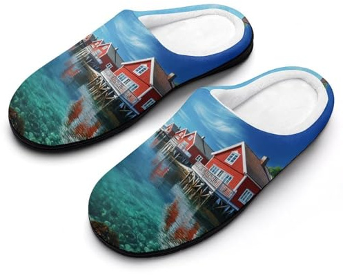 Beautiful Norwegian Landscape Men's House Slippers Comfy Non-slip Home Shoes Warm Cotton Slippers with Rubber Sole 9-10（42-43）