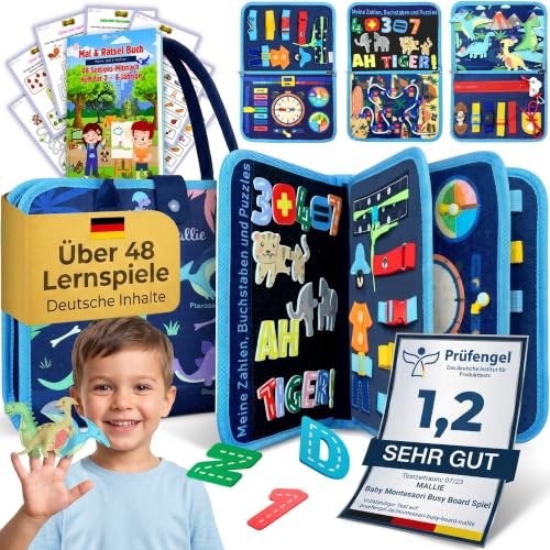 Mallie® Montessori Busy Board ab 1 2 3 4 Jahren inkl. Gratis Mal & Rätsel 48-Seiten Heft mit Rollenspiel-Set & Fingerpuppen Lernbuch - Feinmotorik & Konzentration Quiet Book, Activity Board Quiet Book