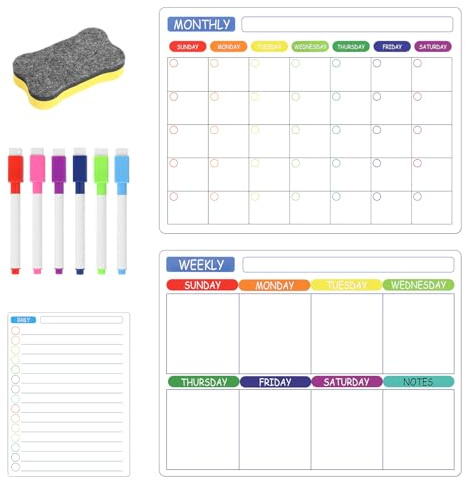 Calendar Whiteboard for Fridge 3 Pack Magnetic Weekly Planner | Magnetic Calendar for Fridge with 6 Markers and 1 Eraser Fridge Whiteboard for Appointments and Reminders