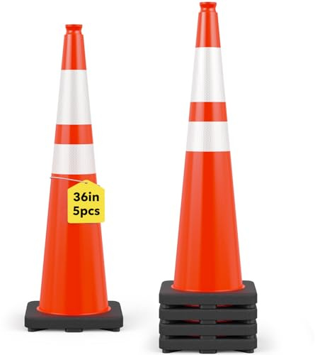 [5 Pack] HiGiant 36 Inch Traffic Cones with Black Weighted Base, Safety Orange Cone for Parking, Heavy and Stackable for Road Construction Sites, Driveway Barrier and Traffic Controls