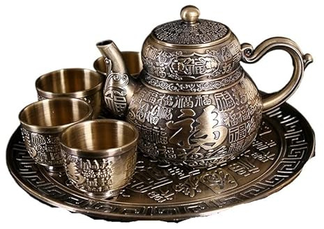 Servizio da tè in argento fatto a mano - Elegante teiera, tazza onesta, grandi tazze da tè e vassoio per gli amanti del tè(Qinggu)