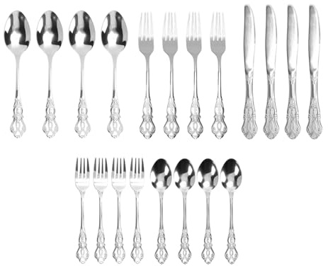 Masyrt Set di posate da 20 pezzi con forchette e cucchiai, in acciaio inox per alimenti, lavabili in lavastoviglie, 4 forchette da menu, 4 cucchiai da insalata, cucchiaini da tè (argento)