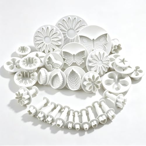 33 Pcs Fondant Tools Plunger Clay Cutters Cake Flower Cookie Cutter Baking Mold Tools for Cookies Cake Decorating Flower Leaf Butterfly Daisy Star Heart Shape DIY Decorating Mold