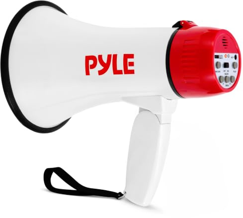 Pyle Handheld Megaphone Bullhorn with Siren | 30W Rechargeable Megaphone Speaker with 1200 Yard Range, Voice Recorder, AUX Input and USB-C Charging, for Schools, Sports Events and Announcements | Red