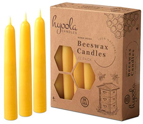 Hyoola 4 Inch Beeswax Taper Candles 12 Pack - Handmade, All Natural, 100% Pure Unscented Bee Wax Candle - Tall, Decorative, Golden Yellow - 4 Hour Burn Time