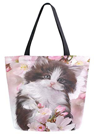 Mnsruu Wiederverwendbare Einkaufstasche mit Wasserfarben-Blumen- und Katzen-Motiv, für Damen, große lässige Handtasche, Schultertasche für Einkaufen, Einkäufe, Reisen im Freien