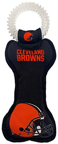 Pets First NFL Cleveland Browns Football Dental Tough Dog TUG Bone Toy with Built-in Squeaker Attached to a Safe Rubber Teething Toothbrush PET Toy, Team Color, 14 x 5 (CLE-3310)