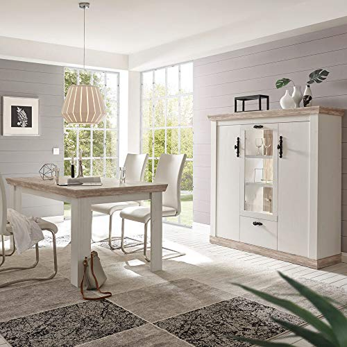 Lomadox Esszimmer-Set im Landhaus Stil Pinie weiß, Oslo Pinie dunkel, Highboard mit LED und Esstisch