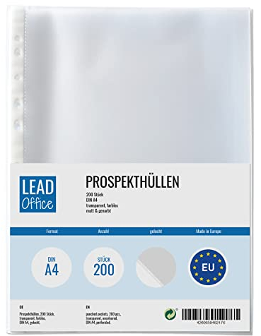 200 Prospekthüllen transparent DIN A4, Prospekt-Hüllen genarbt, farblose Klarsicht-Folien zum Schutz von Papier & Dokumente, Sichthüllen für A4 Ordner