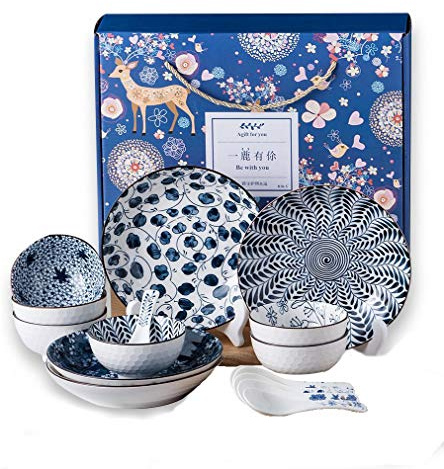 Japanese Chinese Ceramic Dinnerware Set Plates Bowls Spoons Tableware Gift Box Set-16-pieces Collection