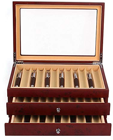 Fetcoi Boîte de rangement pour stylos avec 3 niveaux - Vitrine - Porte-crayons - Boîte avec fenêtre en verre pour 34 stylos - Rouge