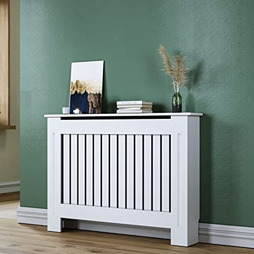SUNXURY Rivestimento per radiatore in legno bianco MDF moderno per vecchi termosifoni, rivestimento superiore medio, verticale, 112 x 19 x 81,5 cm