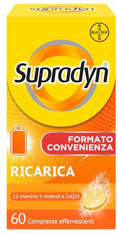 Supradyn Ricarica Multivitaminico Completo Vitamine e Minerali per Adulti, Integratore Vitamine A, B, C, D3, E, K, Magnesio, Calcio, Zinco, Selenio e Q10, Gusto Arancia 60 Compresse Effervescenti