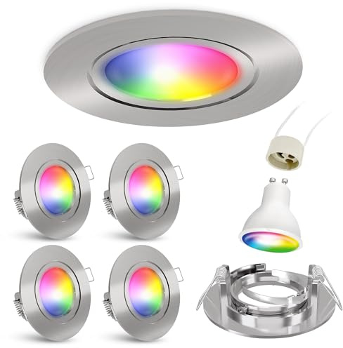 linovum Einbaustrahler 4er Set silber rund Smart GU10 LED WLAN RGBW App | Vier smarte Einbauspots Alu gebürstet - per App steuerbar, RGB & warmweiß bis kaltweiß, fürs Wohnzimmer, inkl. GU10 LED