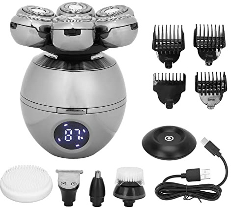 Afeitadora de Cabeza Eléctrica, Afeitadora de Cabeza Eléctrica Inteligente, 7 Cabezales de Corte, Recortadora de Cabello con Luz de Pantalla de Carga, Se Adapta a Diferentes Contornos de la Cara para