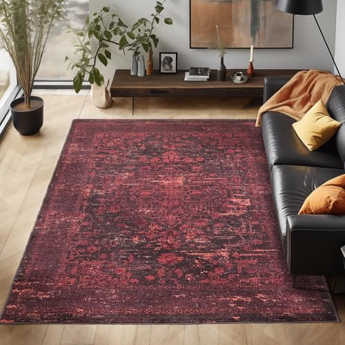 Waschbarer Teppich Flachgewebe Robust Orientalisch Design Vintage Optik rutschfest Teppich Wohnzimmer, Farbe: Rot, Größe: 120 x 170 cm