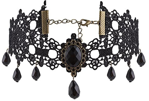 Yolev Choker Schwarze Spitze Gothic Steampunk Halskette | Choker Halsband mit Kristallen Vampir Kette Frauen und Mädchen Vampir Accessoire Cosplay Schmuck Party Vintage Kostüme Damen