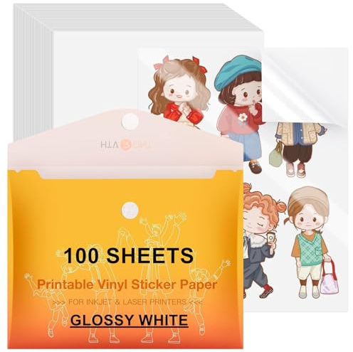 HTVRONT Printable Vinyl Sticker Paper, 8.5X11, 100 Sheets, Glossy White