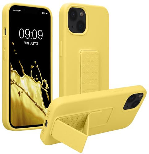 kwmobile Case for Apple iPhone 13 Case - Soft TPU Cover with Silicone Coating - With Hand Strap and Stand Function - Shockproof - Radiant Yellow