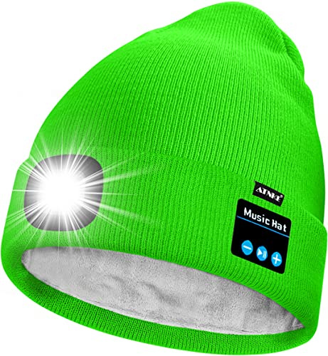 ATNKE Unisexe LED Bluetooth Bonnet Lampe Frontale,USB Rechargeable 4 LED Musique Parleur Chapeau de Course Lumière Chaud Polaire Doublée Tricot Bonnet Cadeaux pour Hommes et Femmes