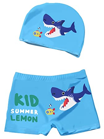 Set Costume Nuoto Bambino, Cartoon Nuotare Pantaloncini Cartoon e Cuffia Piscina Bambini (IT, età, 5 Anni, 6 Anni, Regular, Azzurro)