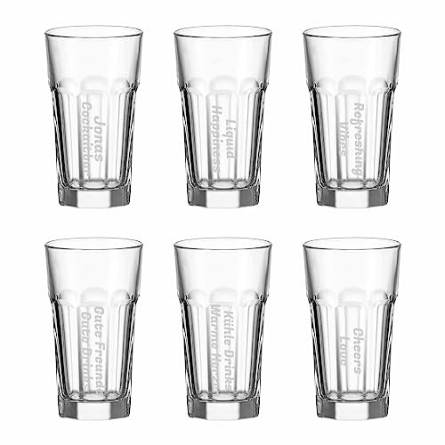 LUXENTU Longdrinkglas mit Gravur, Name vertikal, 340 ml, 6 Stück | Personalisierte Trinkgläser, Namensgravur, robustes Glas für Cocktails, Spülmaschinenfest