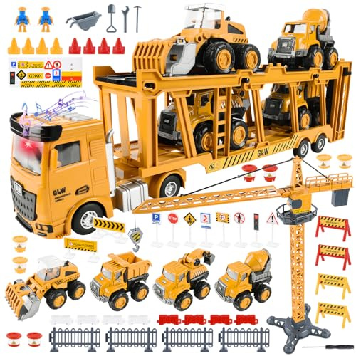 FORMIZON LKW Spielzeug Kinder, Baustellenfahrzeuge für Kinder mit Musik und Lichtern, Transport Truck Spielzeugset mit 4 Großen Baustellenfahrzeugen, Kran Spielzeug (Transportfahrzeug)