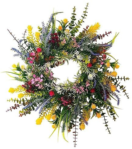 Haptufer 1 PCS Weatherproof Greenery All Seasons Round Wreaths 18in Outside Welcome Summer Flowers