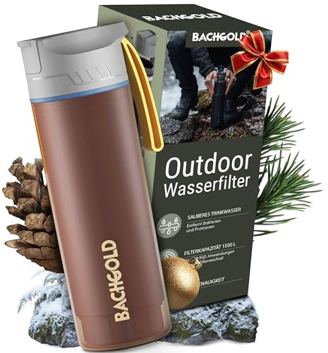 BACHGOLD® Botella filtro purificador para exterior [500ml] capacidad de filtrado 1500L I Elimina el 99,99 % de las bacterias y filtra microplásticos, partículas y cloro I Para situaciones críticas