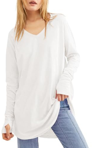 Ebifin Haut à manches longues pour femme - Col rond - Tunique ample avec trous pour les pouces, B-blanc., XXL