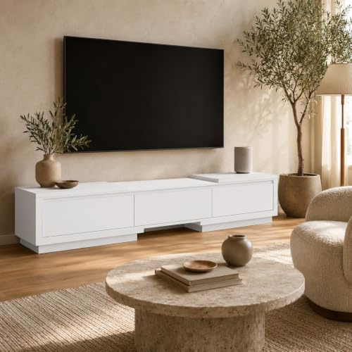 PREMTURE TV Schrank, TV-Ständer, Lowboard für Fernseher, Fernsehtisch mit 3 Schubladen, TV Tisch, TV Bank mit Linke und Rechte Seite Können Verstellt Werden, 270 x 40 x 39 cm,weiß, MDF
